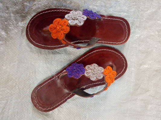 Handmade African Beaded Sandals/Authentic Maasai-Style Leather Flip-Flops Women/Boho Beach Sandals/Comfortable Summer Sandal African Gifts