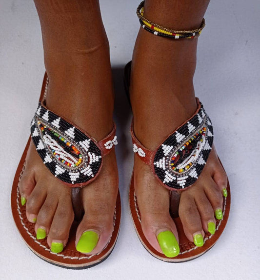 Handmade African Beaded Sandals/Authentic Maasai-Style Leather Flip-Flops Women/Boho Beach Sandals/Comfortable Summer Sandal African Gifts