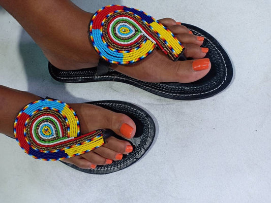 Handmade African Beaded Sandals/Authentic Maasai-Style Leather Flip-Flops Women/Boho Beach Sandals/Comfortable Summer Sandal African Gifts