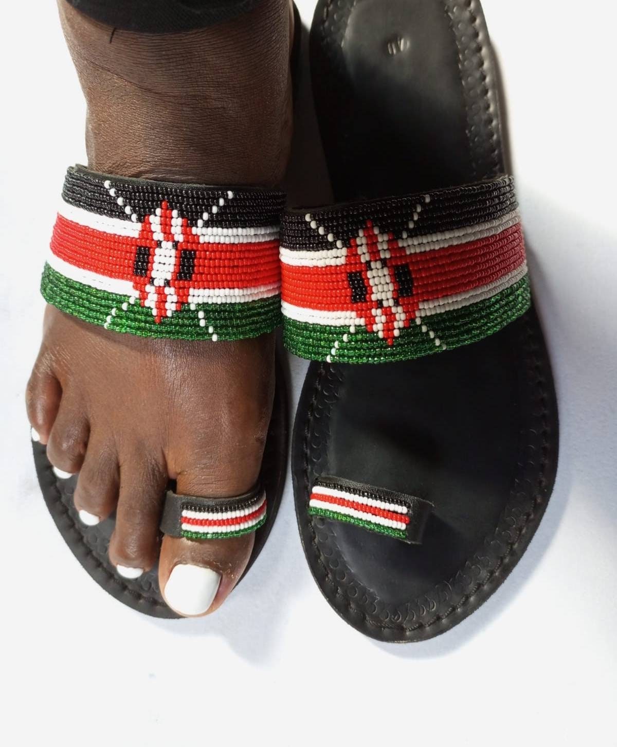 Handmade African Beaded Sandals/Authentic Maasai-Style Leather Flip-Flops Women/Boho Beach Sandals/Comfortable Summer Sandal African Gifts
