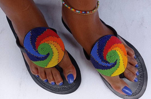 Handmade African Beaded Sandals/Authentic Maasai-Style Leather Flip-Flops Women/Boho Beach Sandals/Comfortable Summer Sandal African Gifts