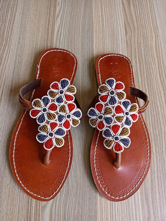 Handmade African Beaded Sandals/Authentic Maasai-Style Leather Flip-Flops Women/Boho Beach Sandals/Comfortable Summer Sandal African Gifts