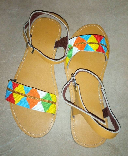 Handmade African Beaded Sandals/Authentic Maasai-Style Leather Flip-Flops Women/Boho Beach Sandals/Comfortable Summer Sandal African Gifts
