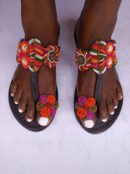 Handmade African Beaded Sandals/Authentic Maasai-Style Leather Flip-Flops Women/Boho Beach Sandals/Comfortable Summer Sandal African Gifts
