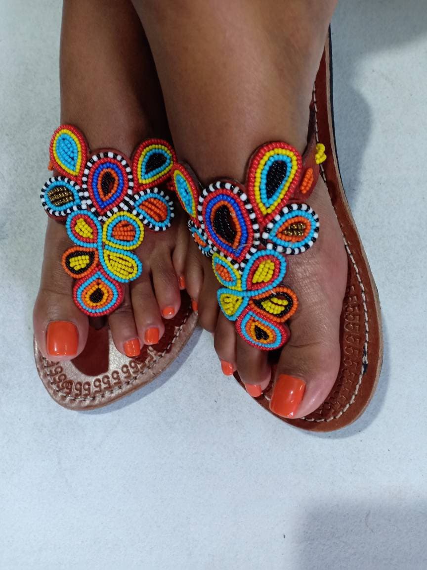 Handmade African Beaded Sandals/Authentic Maasai-Style Leather Flip-Flops Women/Boho Beach Sandals/Comfortable Summer Sandal African Gifts
