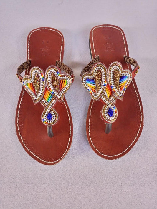 Handmade African Beaded Sandals/Authentic Maasai-Style Leather Flip-Flops Women/Boho Beach Sandals/Comfortable Summer Sandal African Gifts
