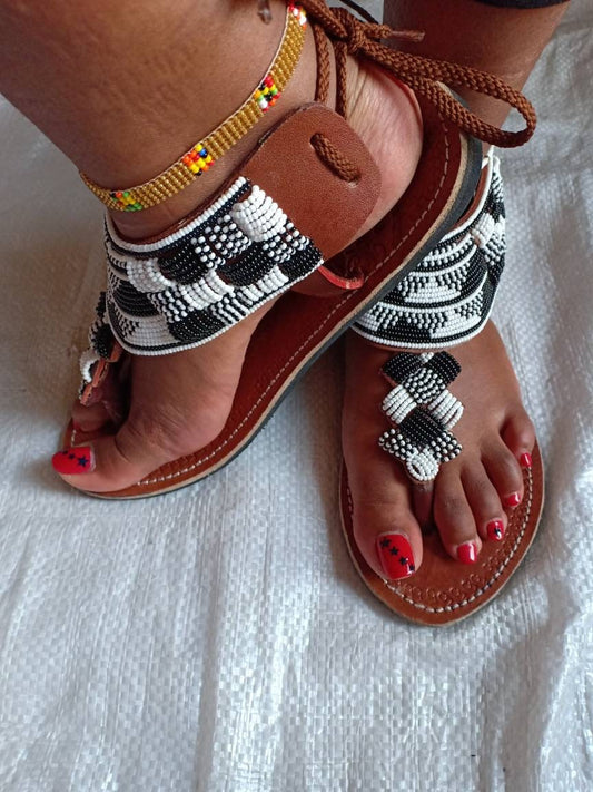 Handmade African Beaded Sandals/Authentic Maasai-Style Leather Flip-Flops Women/Boho Beach Sandals/Comfortable Summer Sandal African Gifts