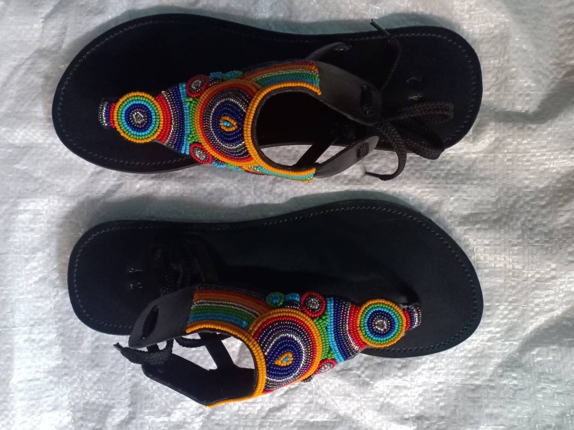 Handmade African Beaded Sandals/Authentic Maasai-Style Leather Flip-Flops Women/Boho Beach Sandals/Comfortable Summer Sandal African Gifts