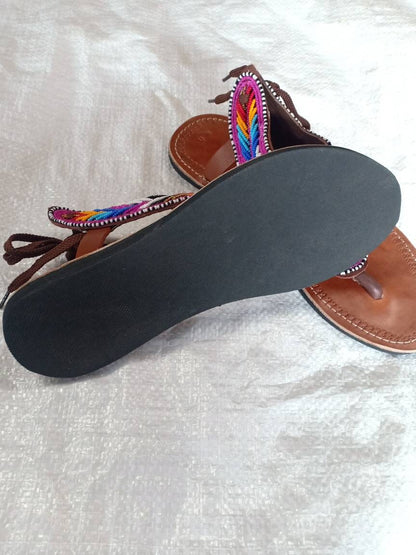 Handmade African Beaded Sandals/Authentic Maasai-Style Leather Flip-Flops Women/Boho Beach Sandals/Comfortable Summer Sandal African Gifts