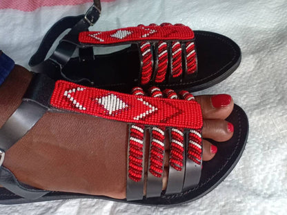 Handmade African Beaded Sandals/Authentic Maasai-Style Leather Flip-Flops Women/Boho Beach Sandals/Comfortable Summer Sandal African Gifts