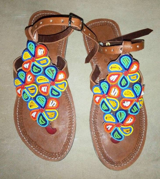 Handmade African Beaded Sandals/Authentic Maasai-Style Leather Flip-Flops Women/Boho Beach Sandals/Comfortable Summer Sandal African Gifts