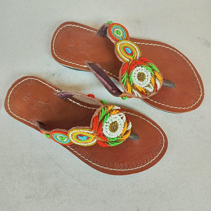 Handmade African Beaded Sandals/Authentic Maasai-Style Leather Flip-Flops Women/Boho Beach Sandals/Comfortable Summer Sandal African Gifts