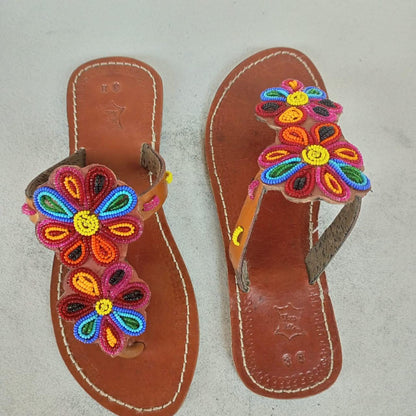 Handmade African Beaded Sandals/Authentic Maasai-Style Leather Flip-Flops Women/Boho Beach Sandals/Comfortable Summer Sandal African Gifts