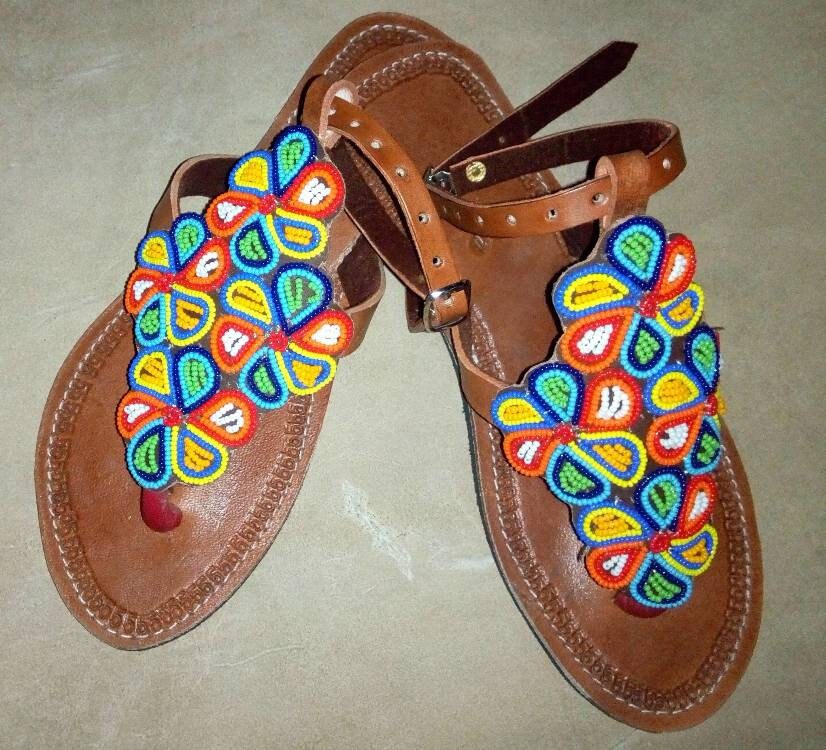 Handmade African Beaded Sandals/Authentic Maasai-Style Leather Flip-Flops Women/Boho Beach Sandals/Comfortable Summer Sandal African Gifts