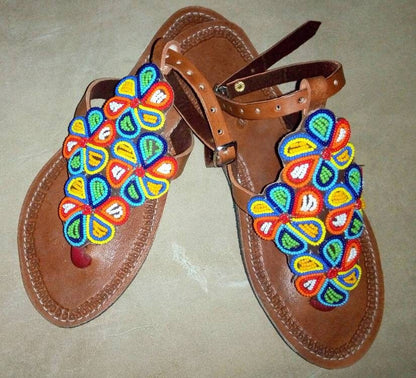 Handmade African Beaded Sandals/Authentic Maasai-Style Leather Flip-Flops Women/Boho Beach Sandals/Comfortable Summer Sandal African Gifts