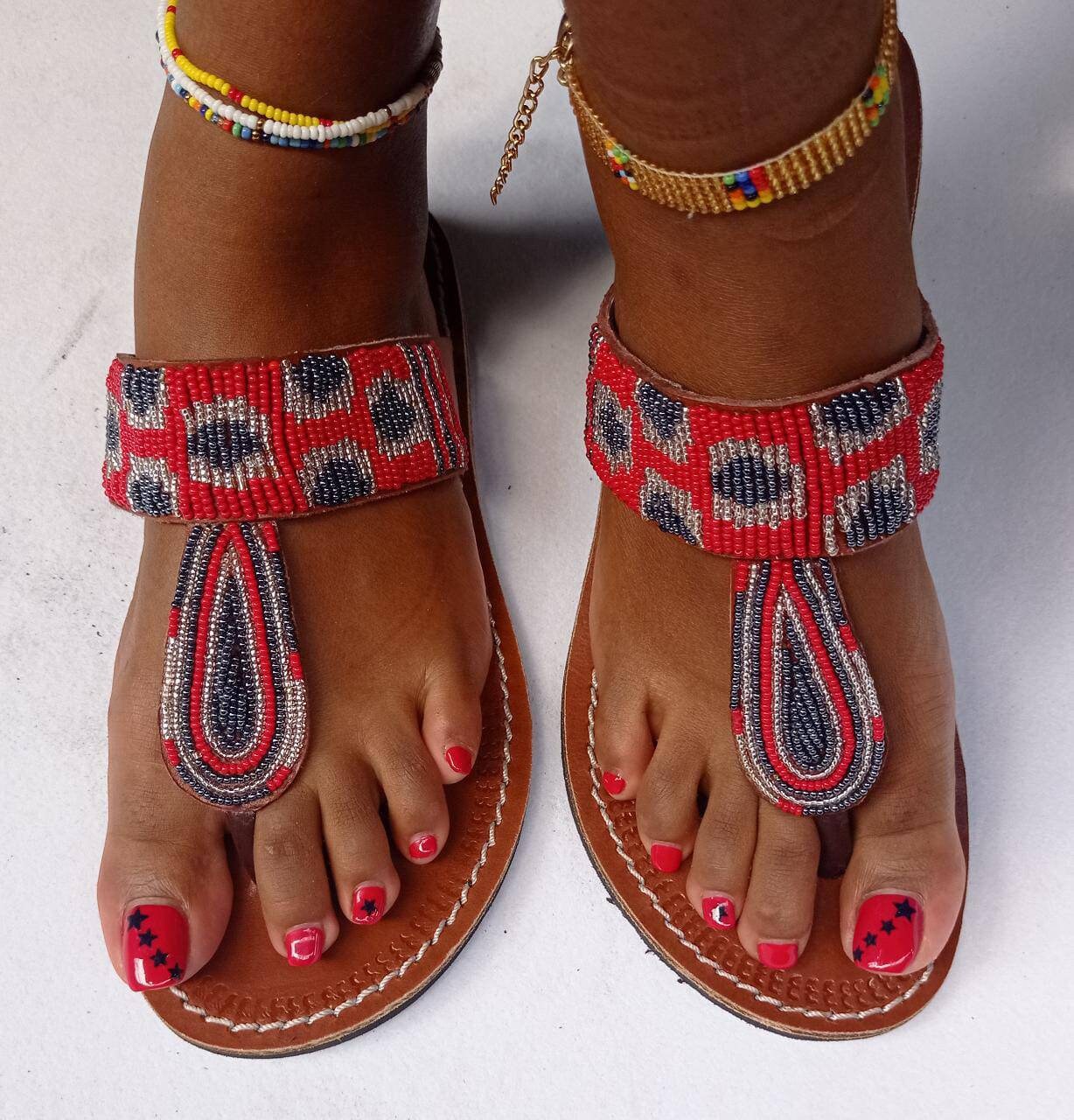 Handmade African Beaded Sandals/Authentic Maasai-Style Leather Flip-Flops Women/Boho Beach Sandals/Comfortable Summer Sandal African Gifts