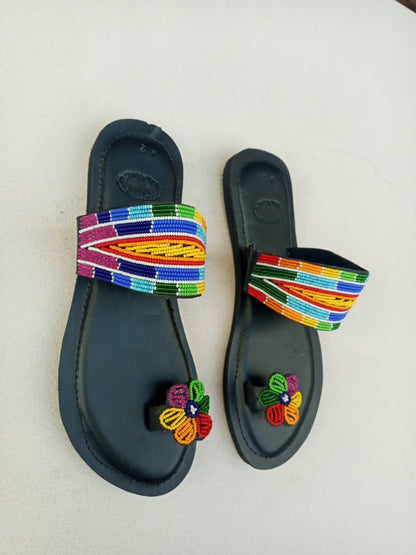 Handmade African Beaded Sandals/Authentic Maasai-Style Leather Flip-Flops Women/Boho Beach Sandals/Comfortable Summer Sandal African Gifts