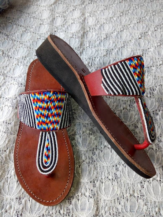 Handmade African Beaded Sandals/Authentic Maasai-Style Leather Flip-Flops Women/Boho Beach Sandals/Comfortable Summer Sandal African Gifts