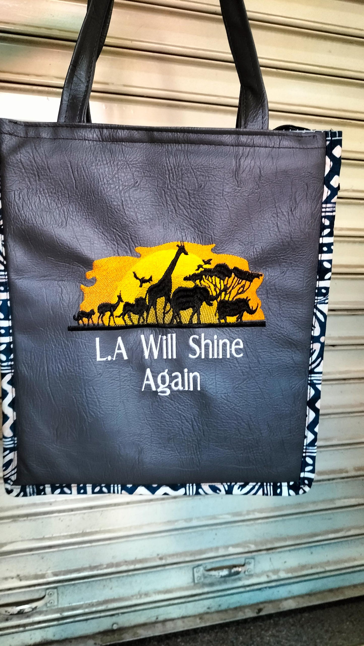 L A will Shine again African Leather Tote bag, handcrafted laptop bag,Black woman modern African tote bag, Stylish tote bag, Brown girl bag.