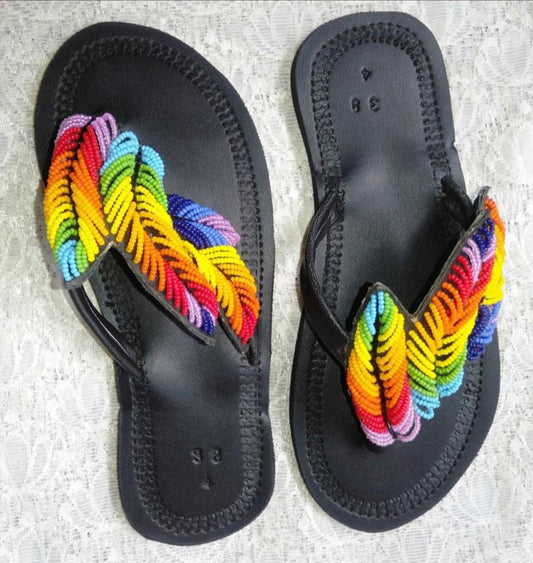 Handmade African Beaded Sandals/Authentic Maasai-Style Leather Flip-Flops Women/Boho Beach Sandals/Comfortable Summer Sandal African Gifts