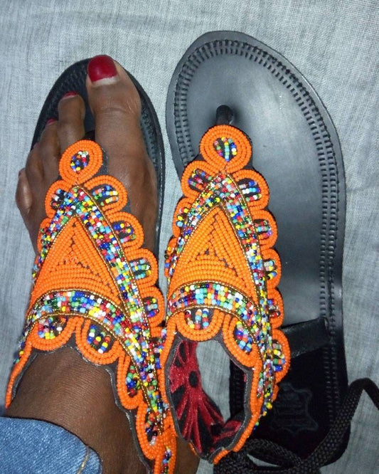 Handmade African Beaded Sandals/Authentic Maasai-Style Leather Flip-Flops Women/Boho Beach Sandals/Comfortable Summer Sandal African Gifts
