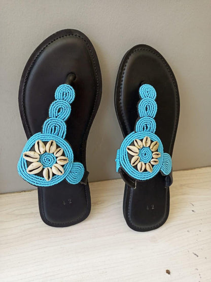 Handmade African Beaded Sandals/Authentic Maasai-Style Leather Flip-Flops Women/Boho Beach Sandals/Comfortable Summer Sandal African Gifts