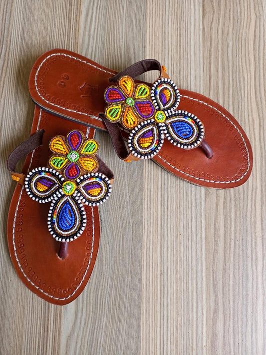 Handmade African Beaded Sandals/Authentic Maasai-Style Leather Flip-Flops Women/Boho Beach Sandals/Comfortable Summer Sandal African Gifts