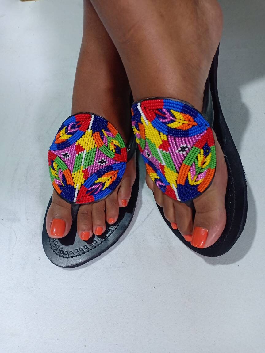 Handmade African Beaded Sandals/Authentic Maasai-Style Leather Flip-Flops Women/Boho Beach Sandals/Comfortable Summer Sandal African Gifts