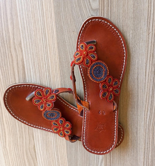 Handmade African Beaded Sandals/Authentic Maasai-Style Leather Flip-Flops Women/Boho Beach Sandals/Comfortable Summer Sandal African Gifts