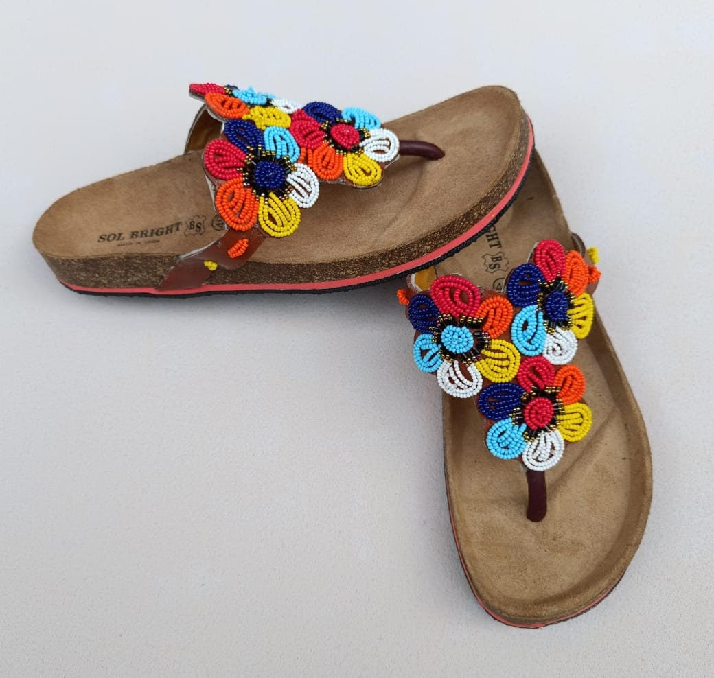 Handmade African Beaded Sandals/Authentic Maasai-Style Leather Flip-Flops Women/Boho Beach Sandals/Comfortable Summer Sandal African Gifts