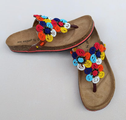 Handmade African Beaded Sandals/Authentic Maasai-Style Leather Flip-Flops Women/Boho Beach Sandals/Comfortable Summer Sandal African Gifts