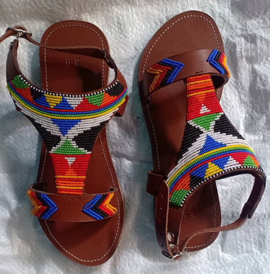 Handmade African Beaded Sandals/Authentic Maasai-Style Leather Flip-Flops Women/Boho Beach Sandals/Comfortable Summer Sandal African Gifts