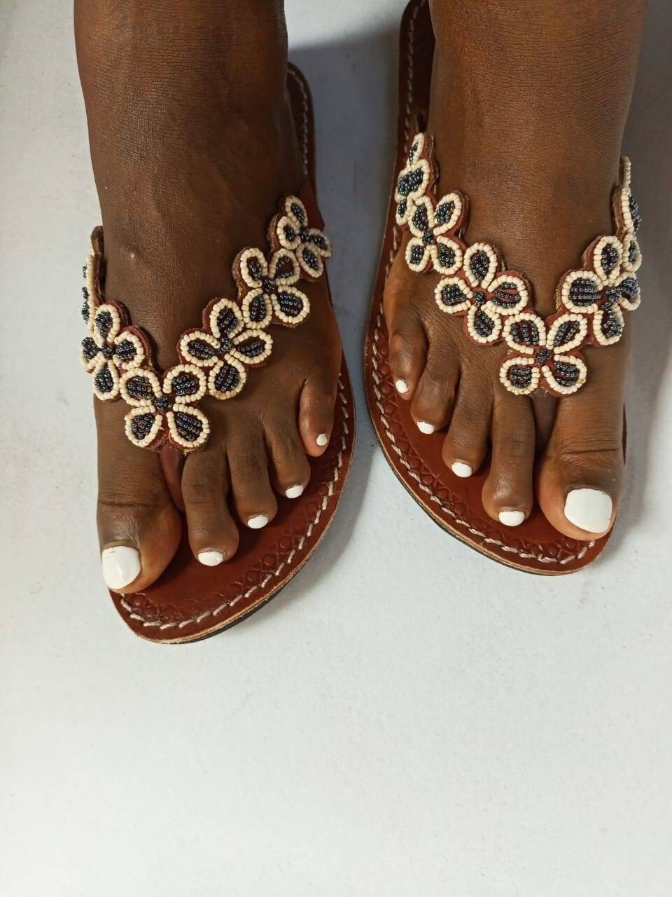 Handmade African Beaded Sandals/Authentic Maasai-Style Leather Flip-Flops Women/Boho Beach Sandals/Comfortable Summer Sandal African Gifts