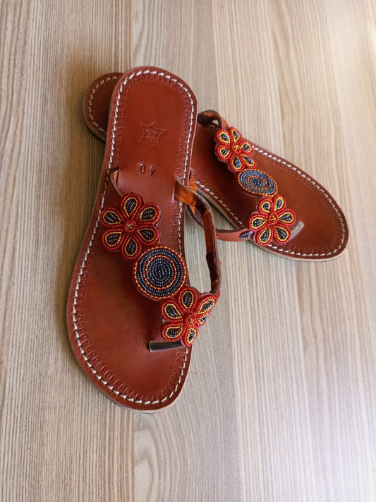 Handmade African Beaded Sandals/Authentic Maasai-Style Leather Flip-Flops Women/Boho Beach Sandals/Comfortable Summer Sandal African Gifts