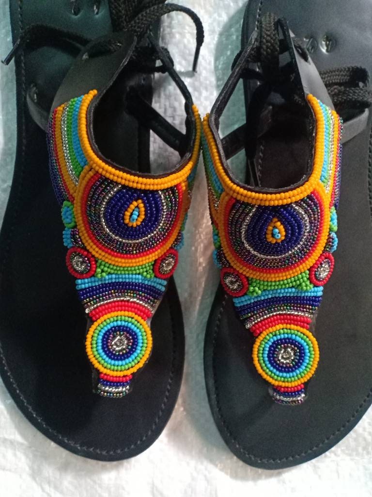 Handmade African Beaded Sandals/Authentic Maasai-Style Leather Flip-Flops Women/Boho Beach Sandals/Comfortable Summer Sandal African Gifts