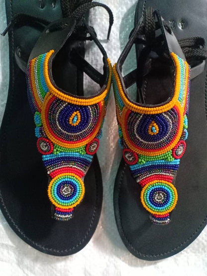 Handmade African Beaded Sandals/Authentic Maasai-Style Leather Flip-Flops Women/Boho Beach Sandals/Comfortable Summer Sandal African Gifts