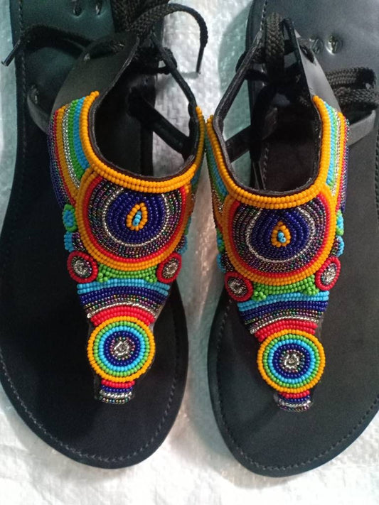 Handmade African Beaded Sandals/Authentic Maasai-Style Leather Flip-Flops Women/Boho Beach Sandals/Comfortable Summer Sandal African Gifts