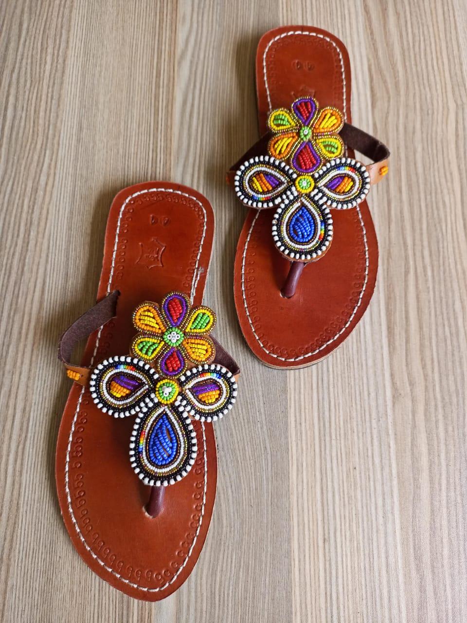 Handmade African Beaded Sandals/Authentic Maasai-Style Leather Flip-Flops Women/Boho Beach Sandals/Comfortable Summer Sandal African Gifts