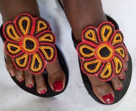 Handmade African Beaded Sandals/Authentic Maasai-Style Leather Flip-Flops Women/Boho Beach Sandals/Comfortable Summer Sandal African Gifts