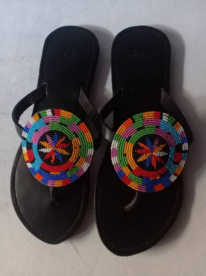 Handmade African Beaded Sandals/Authentic Maasai-Style Leather Flip-Flops Women/Boho Beach Sandals/Comfortable Summer Sandal African Gifts