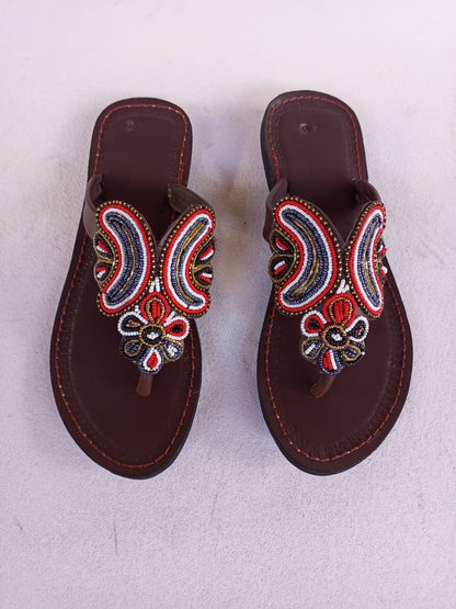 Handmade African Beaded Sandals/Authentic Maasai-Style Leather Flip-Flops Women/Boho Beach Sandals/Comfortable Summer Sandal African Gifts