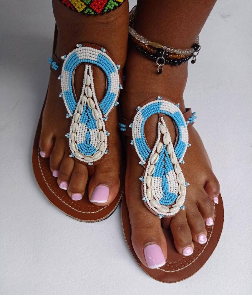 Handmade African Beaded Sandals/Authentic Maasai-Style Leather Flip-Flops Women/Boho Beach Sandals/Comfortable Summer Sandal African Gifts