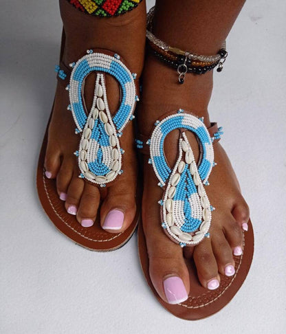 Handmade African Beaded Sandals/Authentic Maasai-Style Leather Flip-Flops Women/Boho Beach Sandals/Comfortable Summer Sandal African Gifts