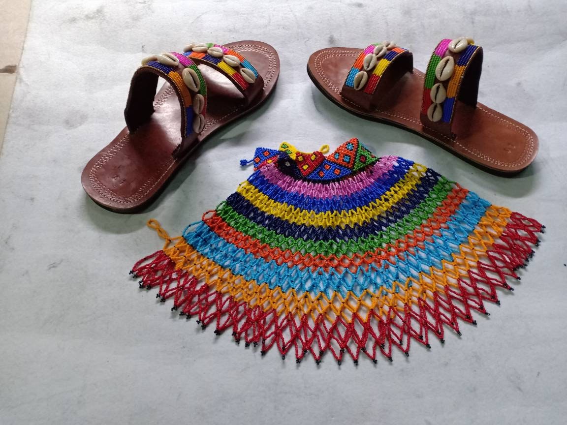 Handmade African Beaded Sandals/Authentic Maasai-Style Leather Flip-Flops Women/Boho Beach Sandals/Comfortable Summer Sandal African Gifts