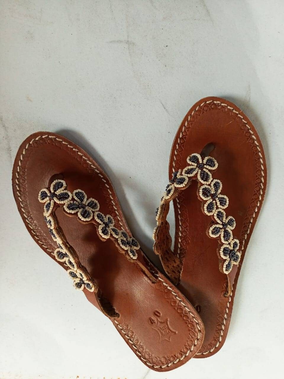Handmade African Beaded Sandals/Authentic Maasai-Style Leather Flip-Flops Women/Boho Beach Sandals/Comfortable Summer Sandal African Gifts