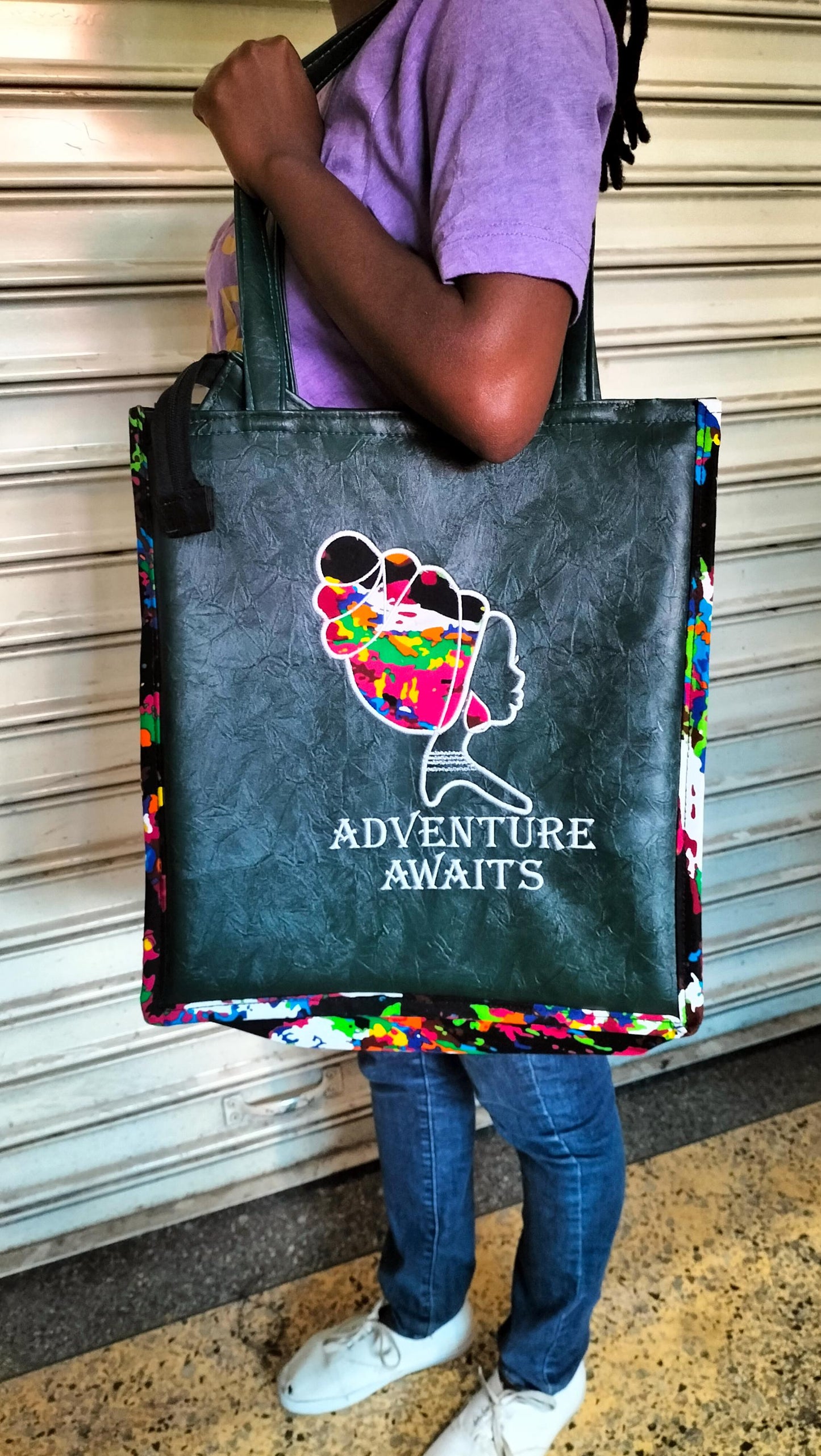 Adventure awaits tote,African Leather Tote bag, handcrafted laptop bag,Black woman modern African tote bag, Stylish tote bag,Brown girl bag.