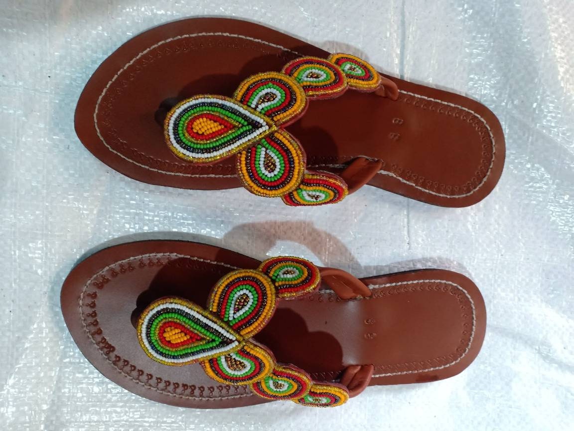 Handmade African Beaded Sandals/Authentic Maasai-Style Leather Flip-Flops Women/Boho Beach Sandals/Comfortable Summer Sandal African Gifts