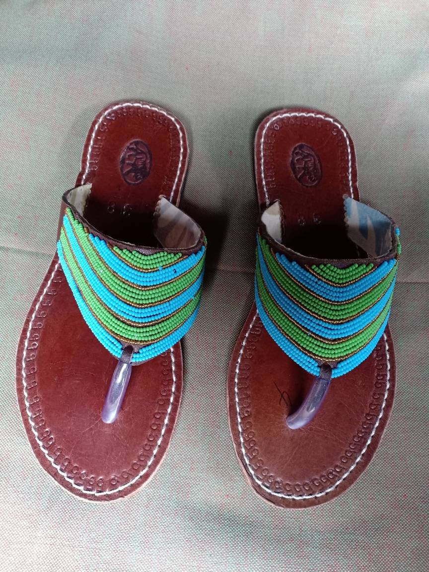 Handmade African Beaded Sandals/Authentic Maasai-Style Leather Flip-Flops Women/Boho Beach Sandals/Comfortable Summer Sandal African Gifts