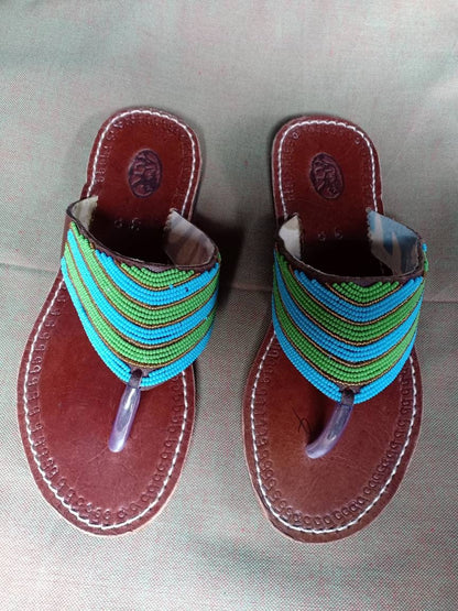 Handmade African Beaded Sandals/Authentic Maasai-Style Leather Flip-Flops Women/Boho Beach Sandals/Comfortable Summer Sandal African Gifts