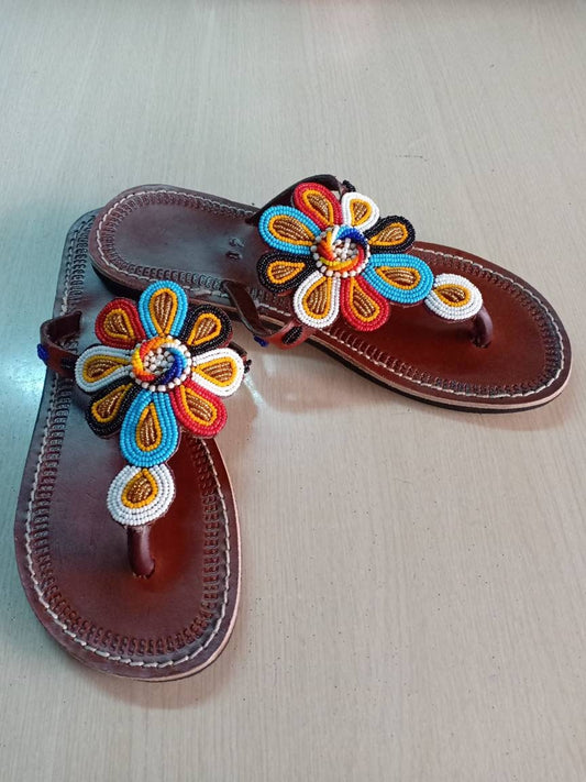 Handmade African Beaded Sandals/Authentic Maasai-Style Leather Flip-Flops Women/Boho Beach Sandals/Comfortable Summer Sandal African Gifts